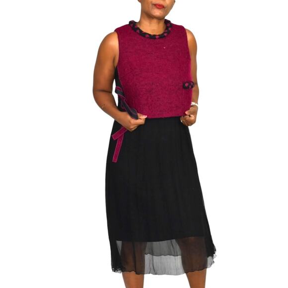 Midi Dress Red Two Tone Overlay Vest Black Mixed Texture Sheer Colorblock Small - Picture 15 of 15